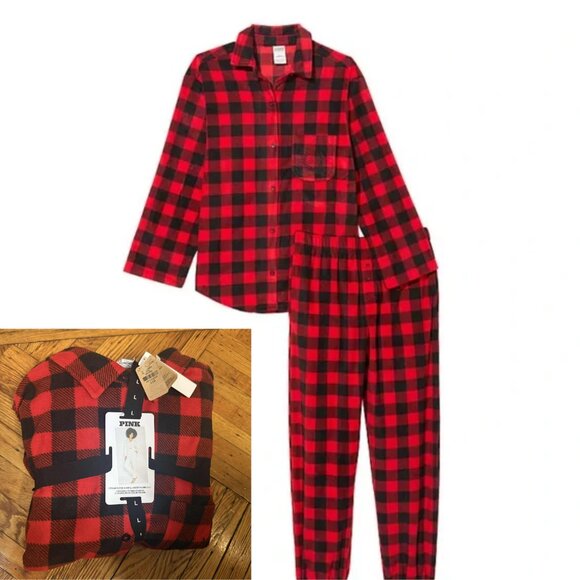 NWT Victoria’s Secret PINK Polar Fleece Buffalo Check Pajama Set Gift Set Large - Picture 1 of 11